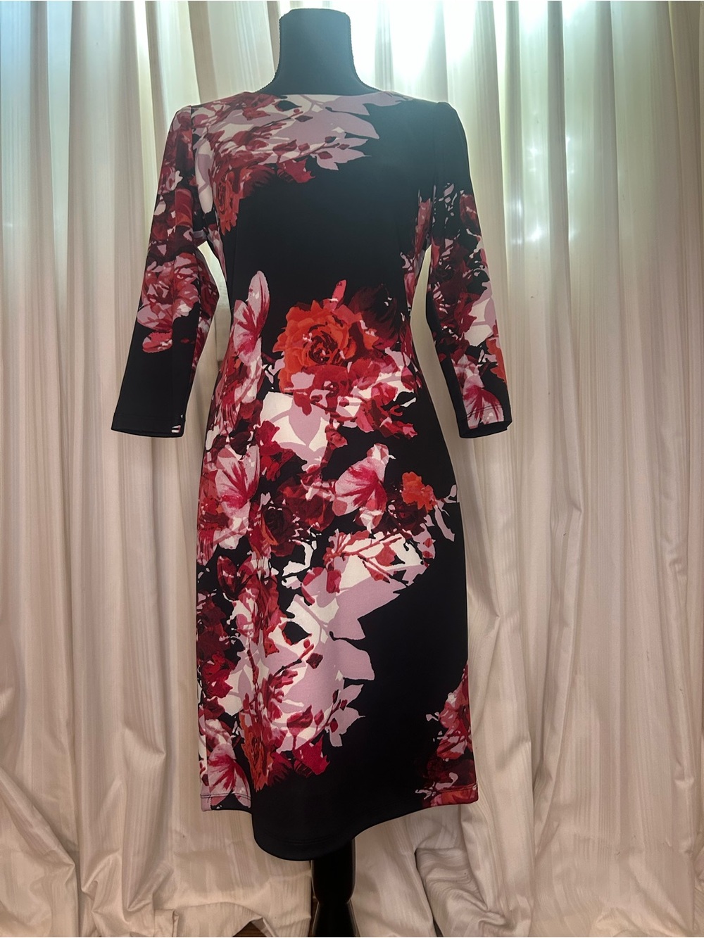 SLNY Black Long Sleeve Floral Sheath Dress with Red & Pink Blooms